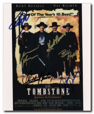 Tombstone signed by Kirt Russell, Val Kilmer, San Elliot. Bill Paxton, Dana Delany & Charlton Heston