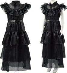 Wednesday Addams Cosplay Child Costume School Dance Dress, Black, (110) 5T