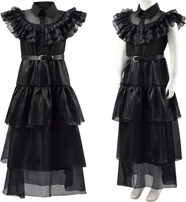 Wednesday Addams Cosplay Child Costume School Dance Dress, Black, (140) 10T