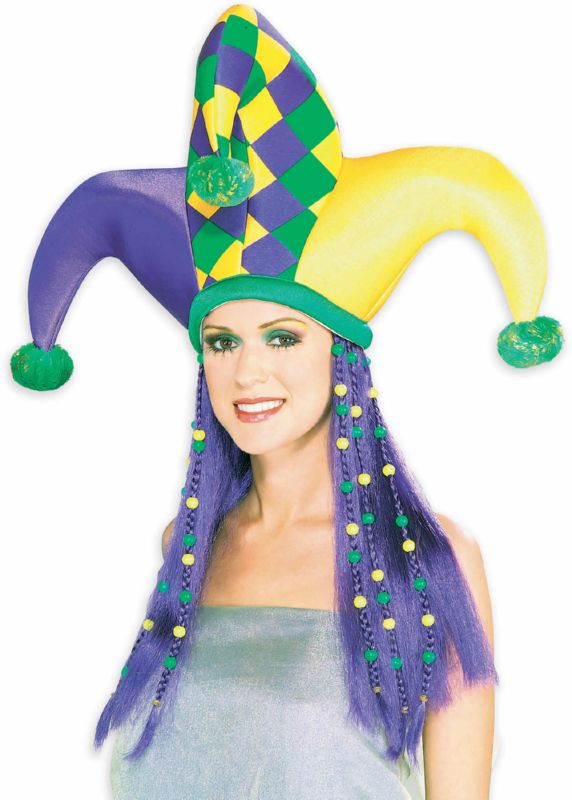 Mardi Gras Jester Hat with Hair - Click Image to Close