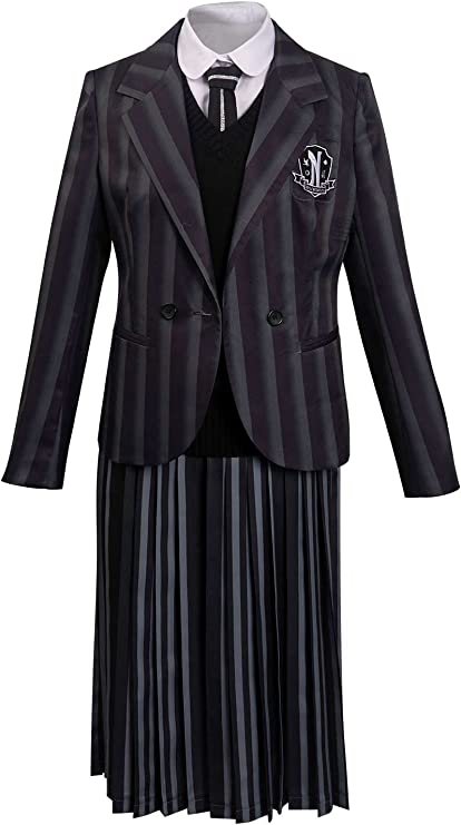 Wednesday Addams Cosplay Girls Nevermore Student Academy Uniform Costume SET, Black, S(110) - Click Image to Close