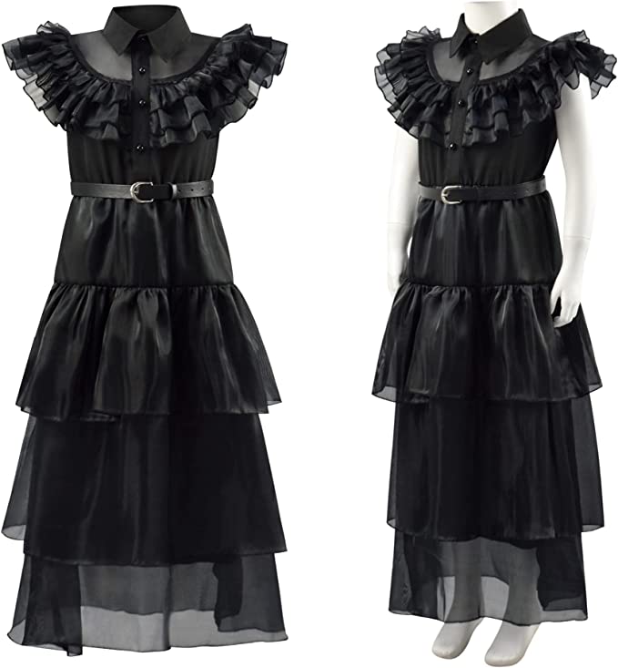 Wednesday Addams Cosplay Child Costume School Dance Dress, Black, (120) 6T - Click Image to Close