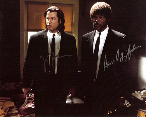 Pulp Fiction cast signed by two John travolta Samuel S Jackson - Click Image to Close