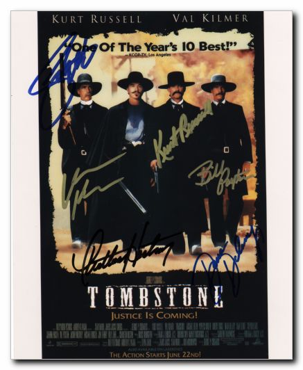 Tombstone signed by Kirt Russell, Val Kilmer, San Elliot. Bill Paxton, Dana Delany & Charlton Heston - Click Image to Close